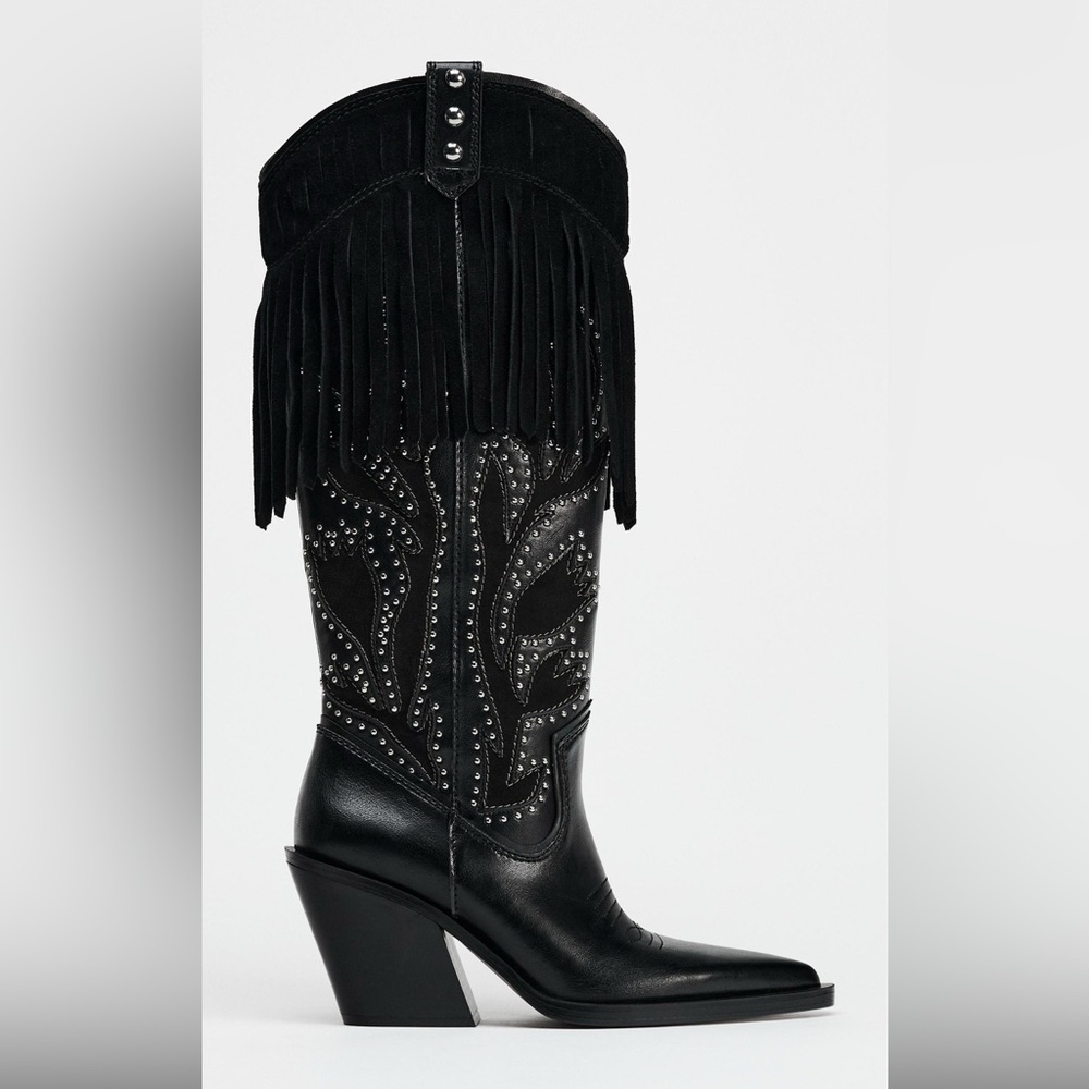 ZARA Western Fringe Cowgirl Boots Black Sz 6.5